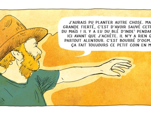 Illustration d'un paysan qui parle de sa terre et des OGM