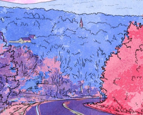 Illustration d'une route aux teintes chaudes