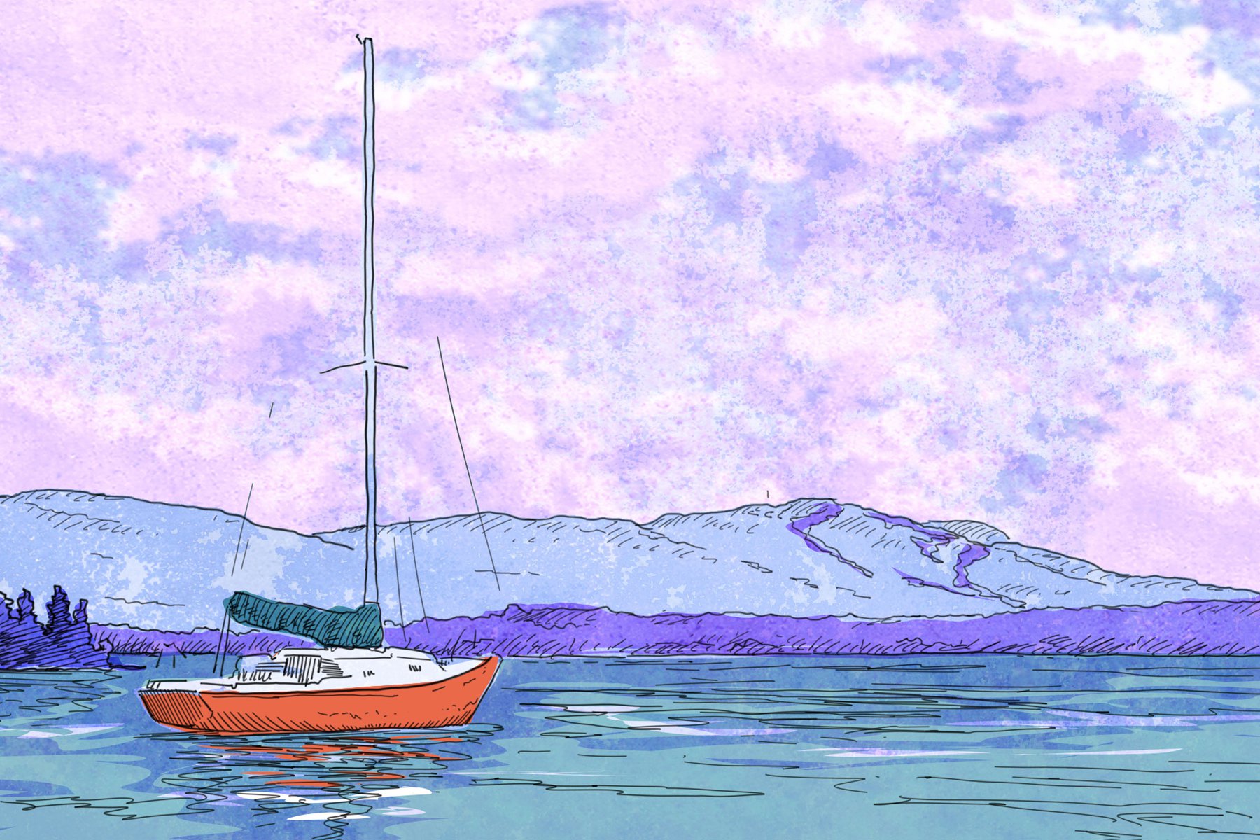 Illustration d'un lac avec un voilier