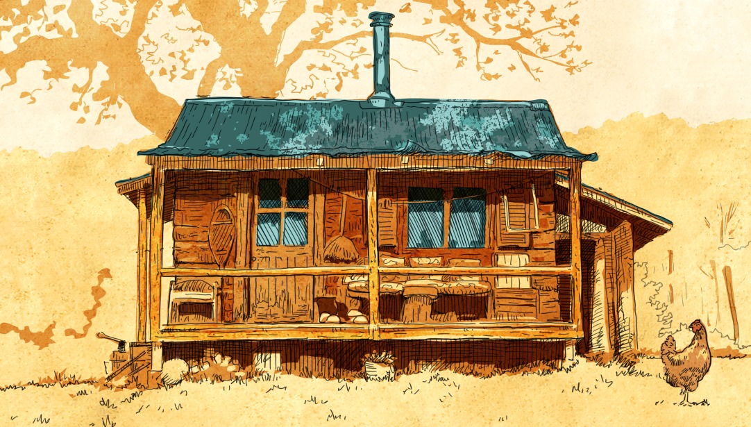 Illustration d'une maison en bois avec un toit bleu